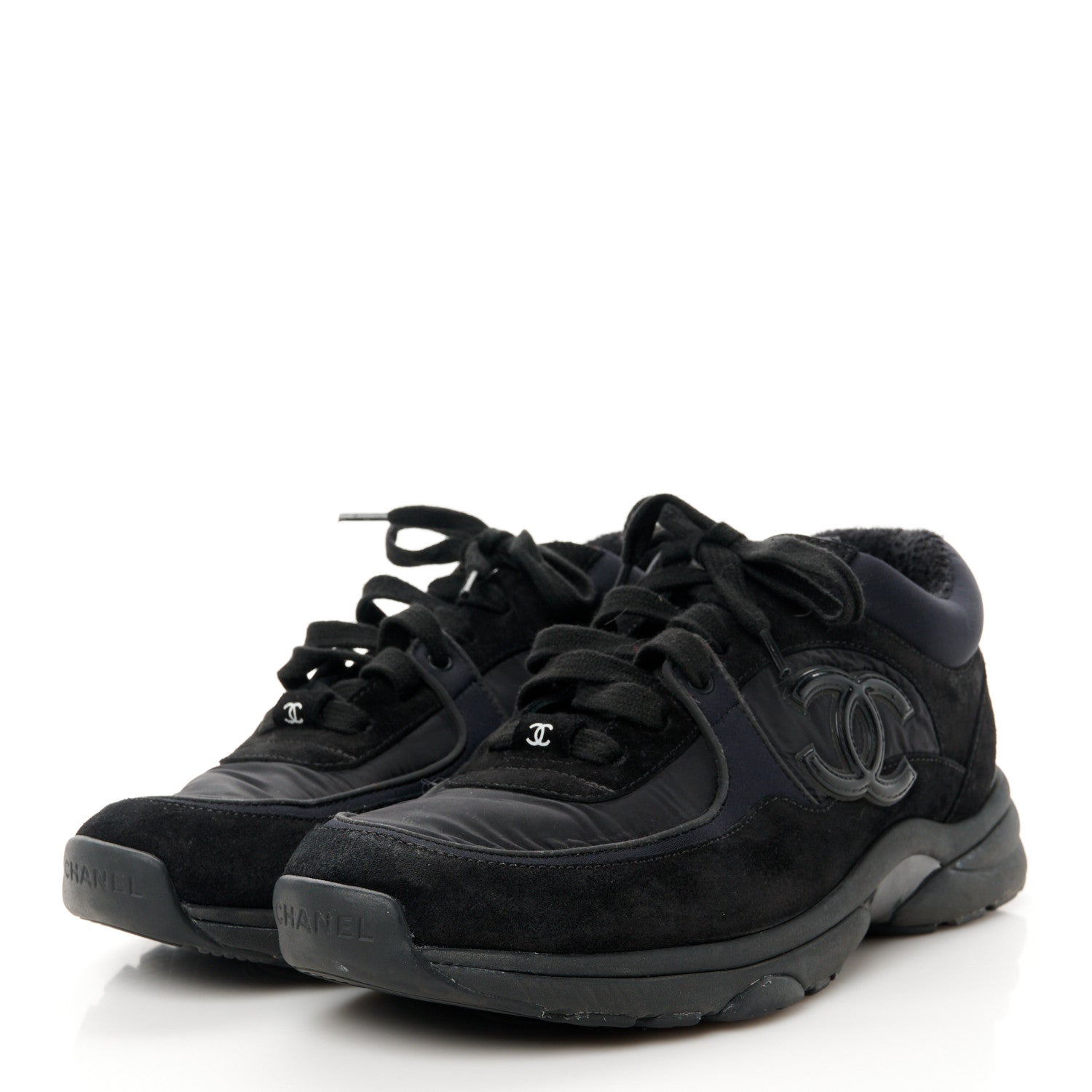 Chanel Nylon Calfskin Suede CC Sneakers 38.5 Black 3 of 9