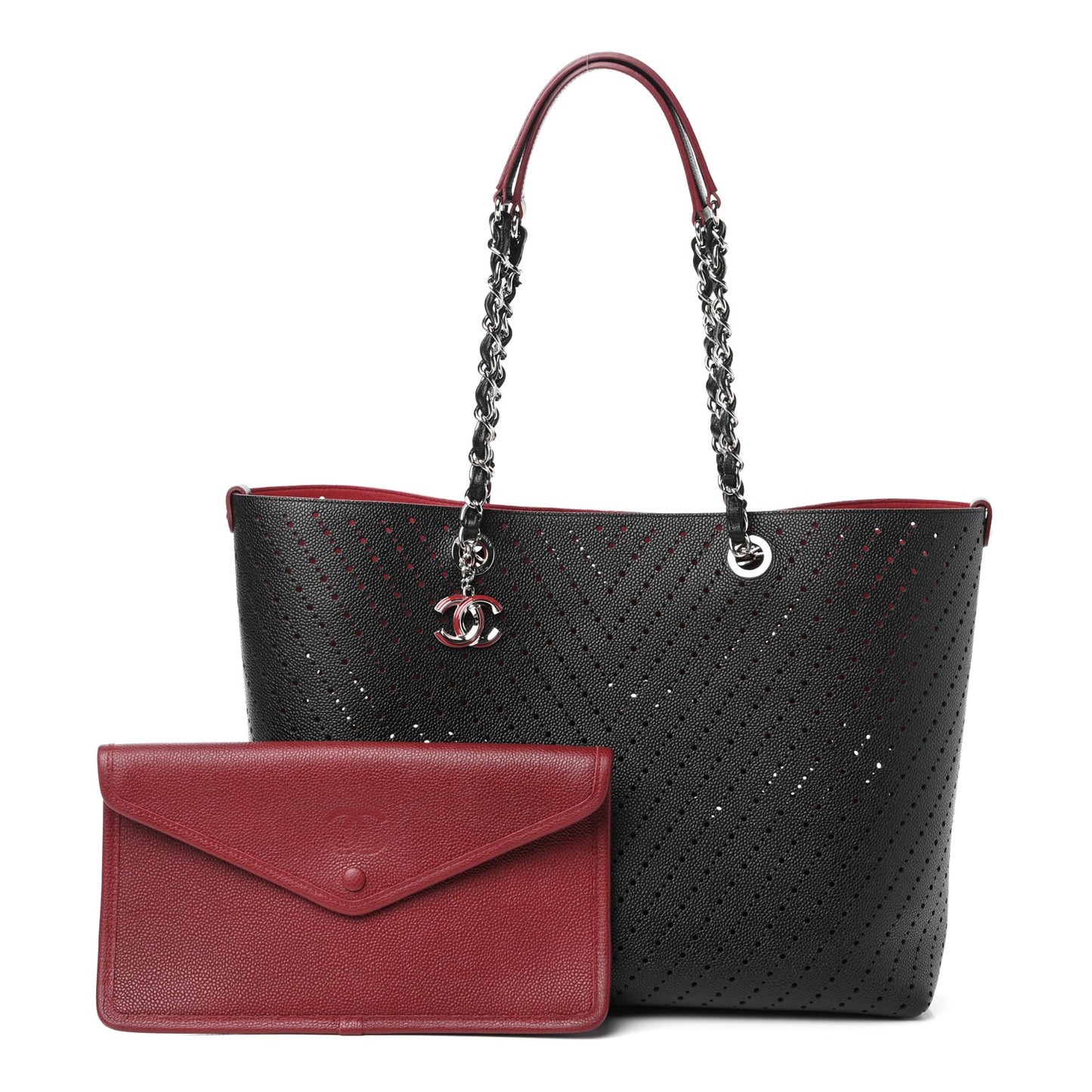 Perforated Grained Calfskin Large Shopping Tote Black
