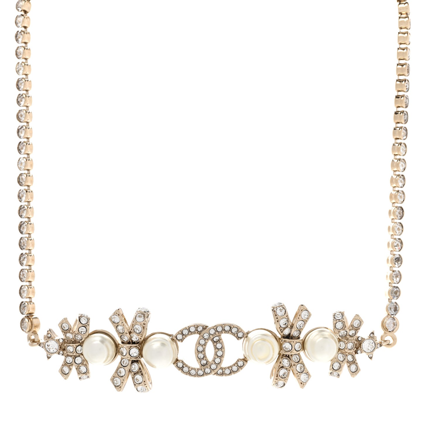 Pearl Crystal CC Bow Choker Necklace Gold