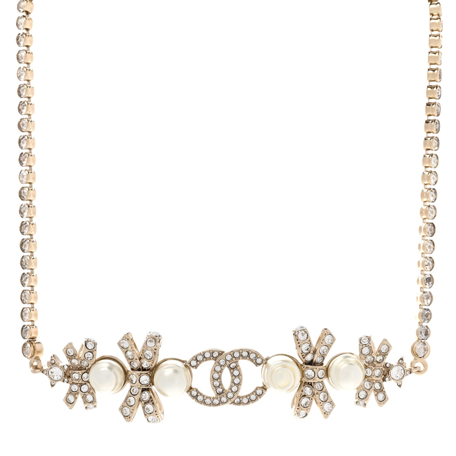 Chanel Pearl Crystal CC Bow Choker Necklace Gold 1 of 6