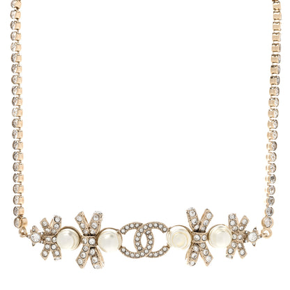 Chanel Pearl Crystal CC Bow Choker Necklace Gold 1 of 6
