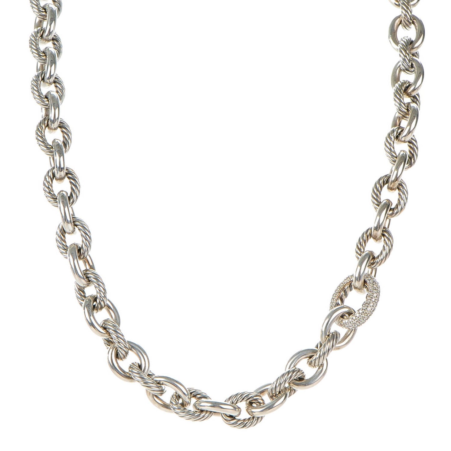 Sterling Silver Pave Diamond 15mm Large Oval Link Necklace