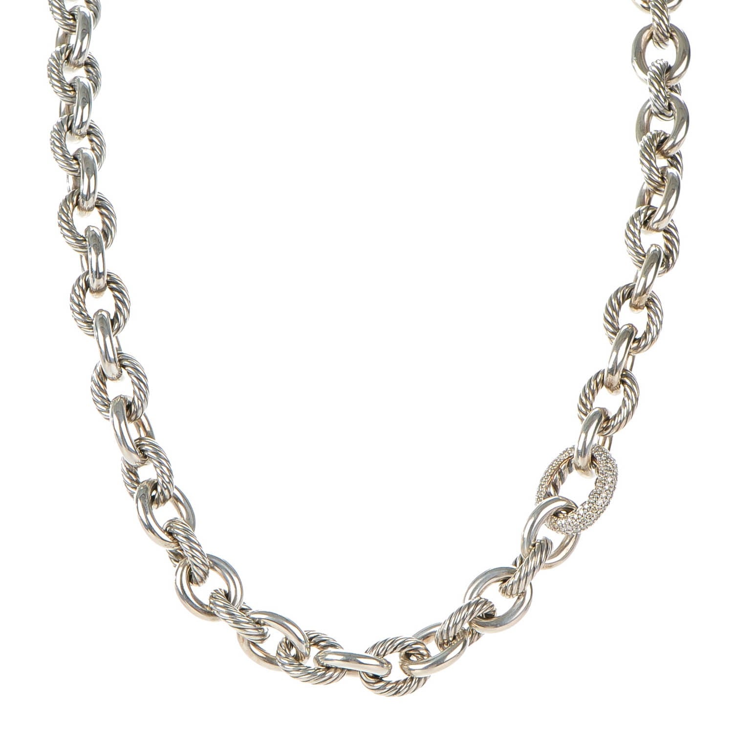 David Yurman Sterling Silver Pave Diamond 15mm Large Oval Link Necklace 1 of 8