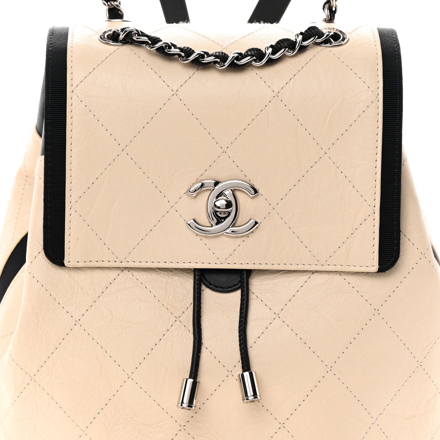 Crumpled Grained Calfskin Quilted Backpack Beige Ivory Black
