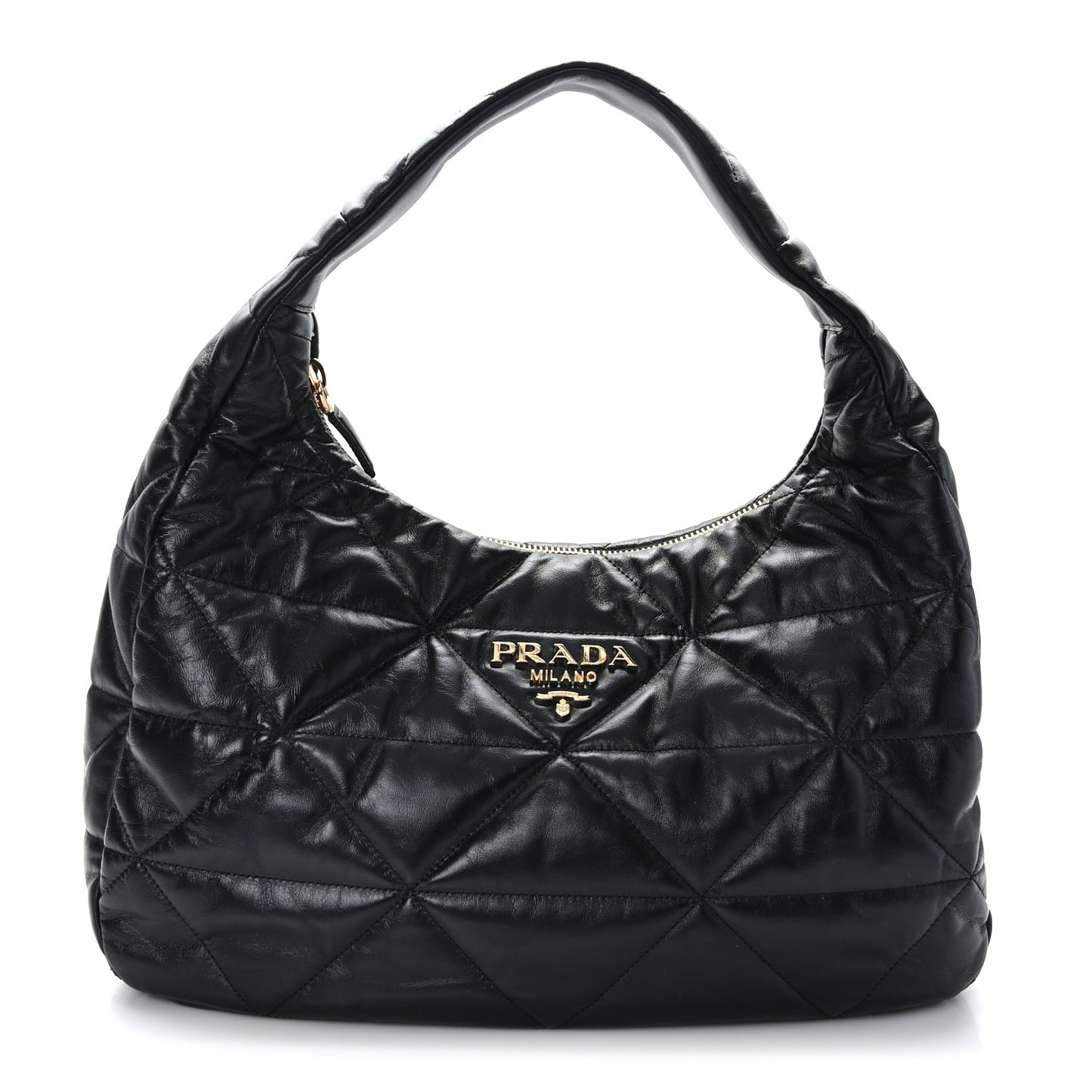 Nappa Triangle Stitched Patchwork Large Zippered Hobo Bag Black
