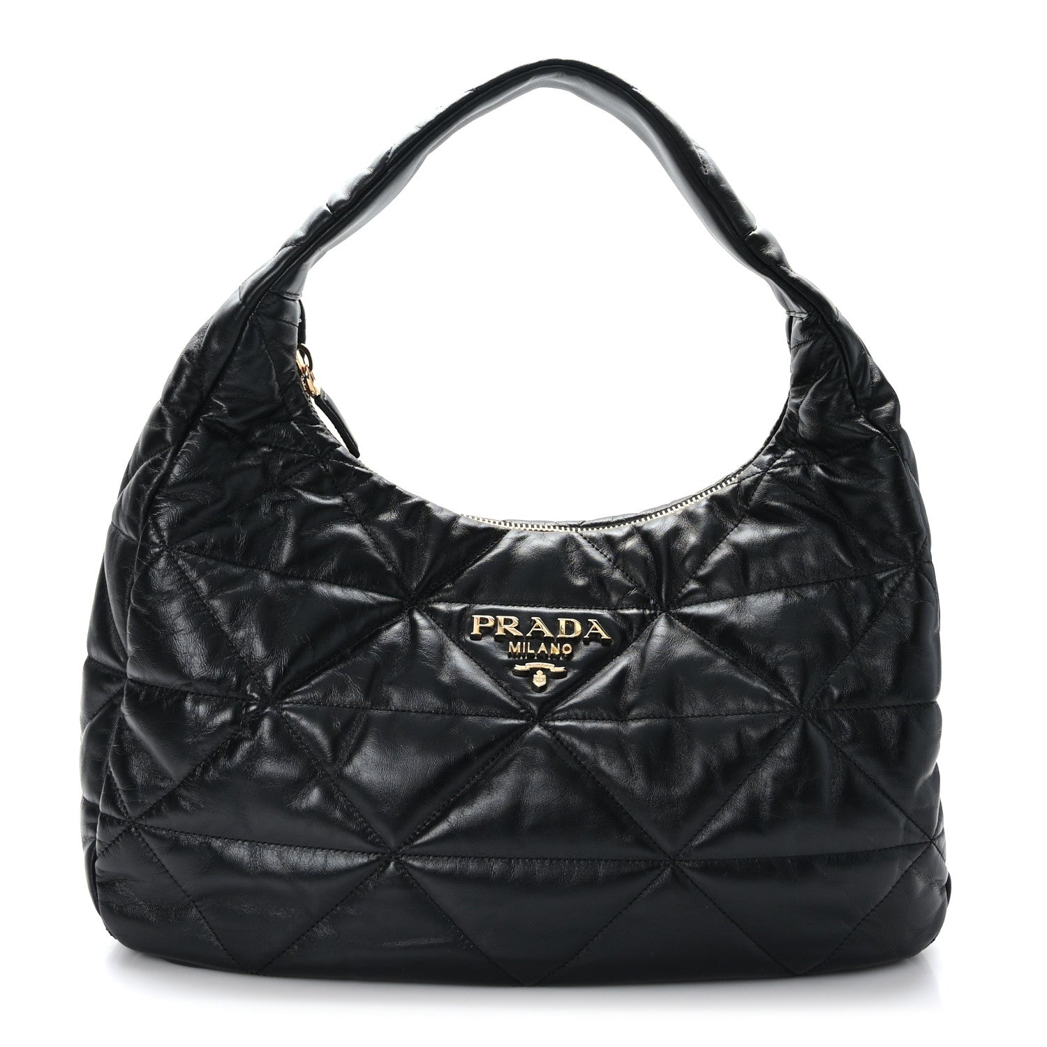 Prada Nappa Triangle Stitched Patchwork Large Zippered Hobo Bag Black 1 of 8