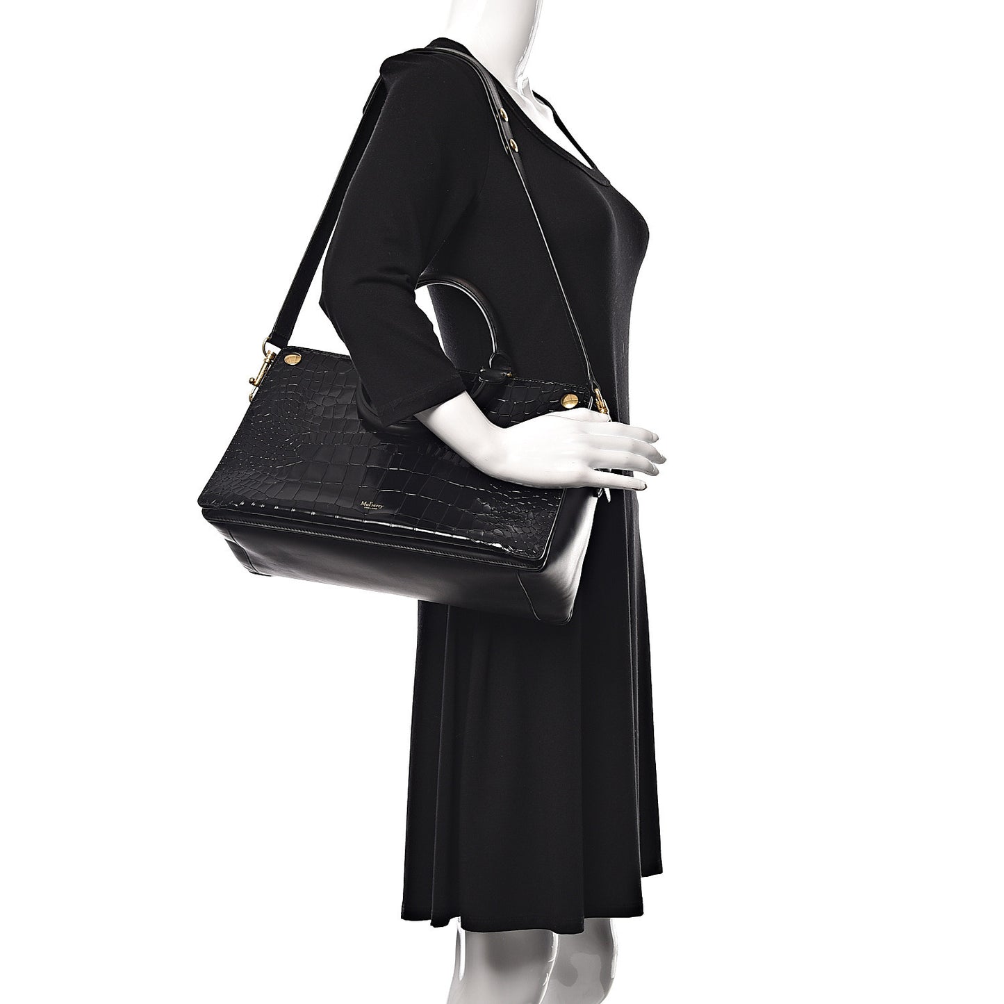 Calfskin Crocodile Embossed Small Classic Stud Tote Black