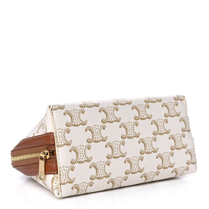 Celine Lambskin Triomphe Canvas Clutch With Chain White Tan 3 of 10