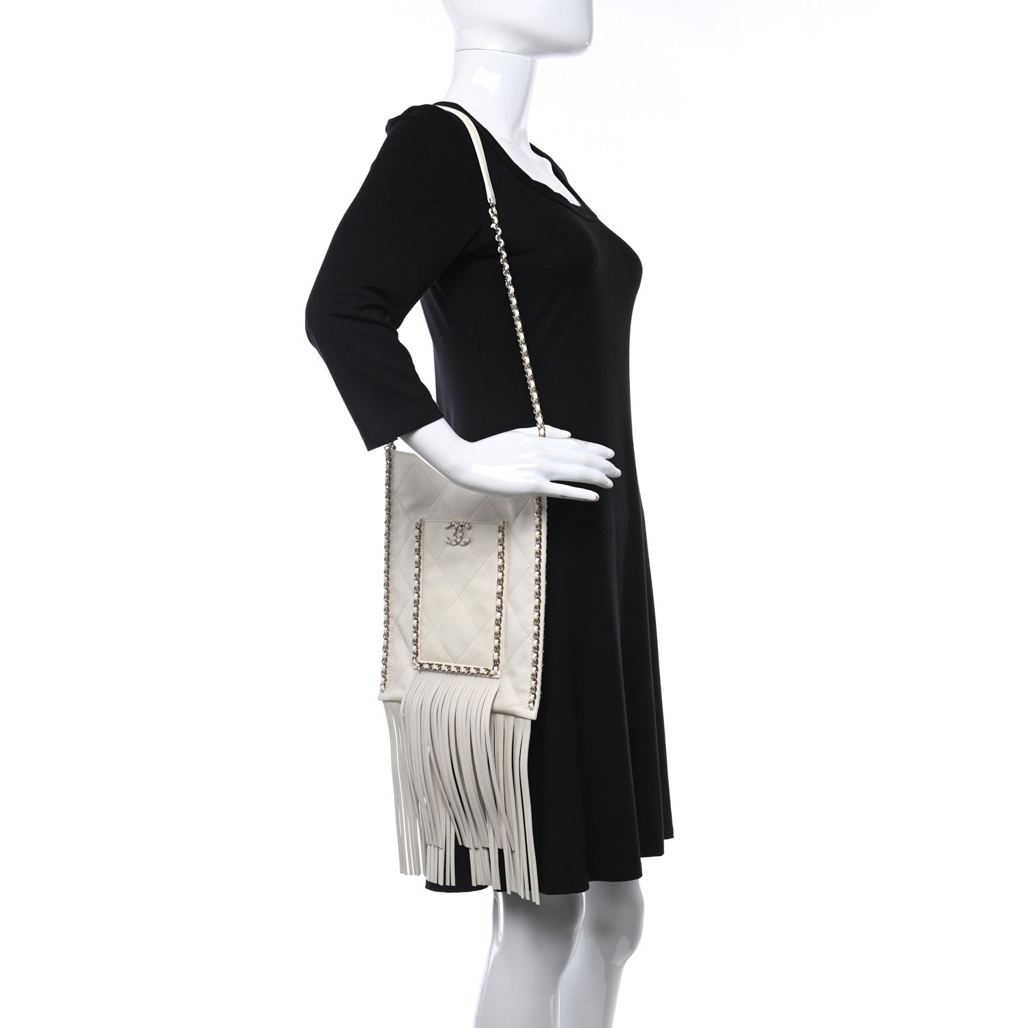 Chanel Calfskin Quilted Fringe Small Shopping Bag White 2 of 10