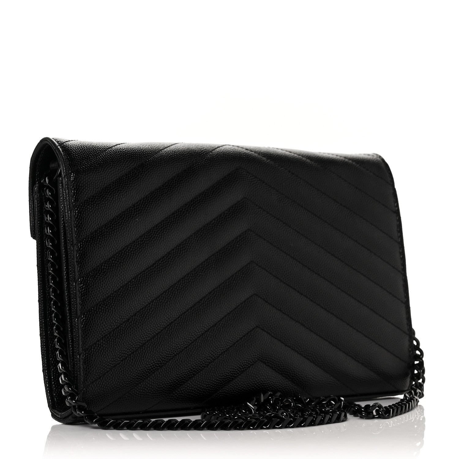 Saint Laurent Grain De Poudre Matelasse Chevron Monogram Chain Wallet Black 3 of 8