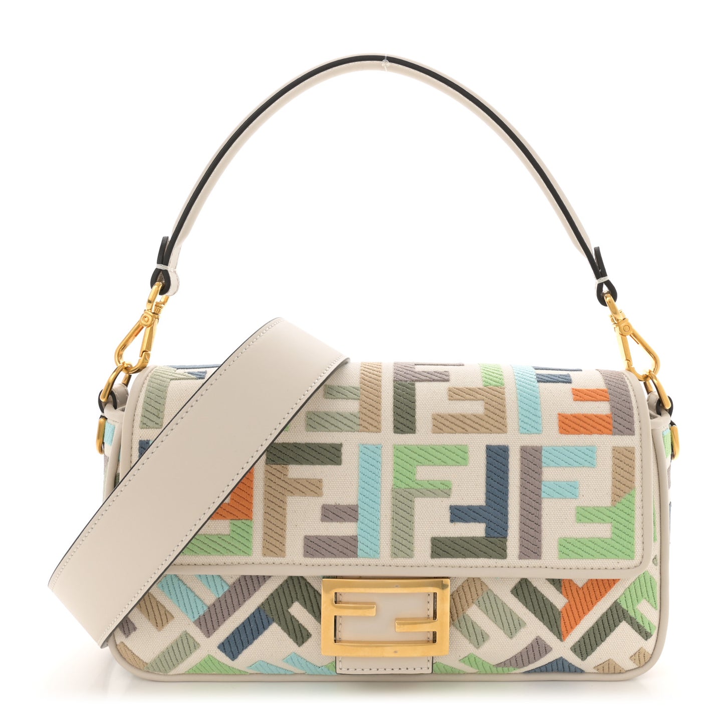 Canvas Vitello Seta FF Multicolor Embroidered Baguette Grezzo Multicolor Latte