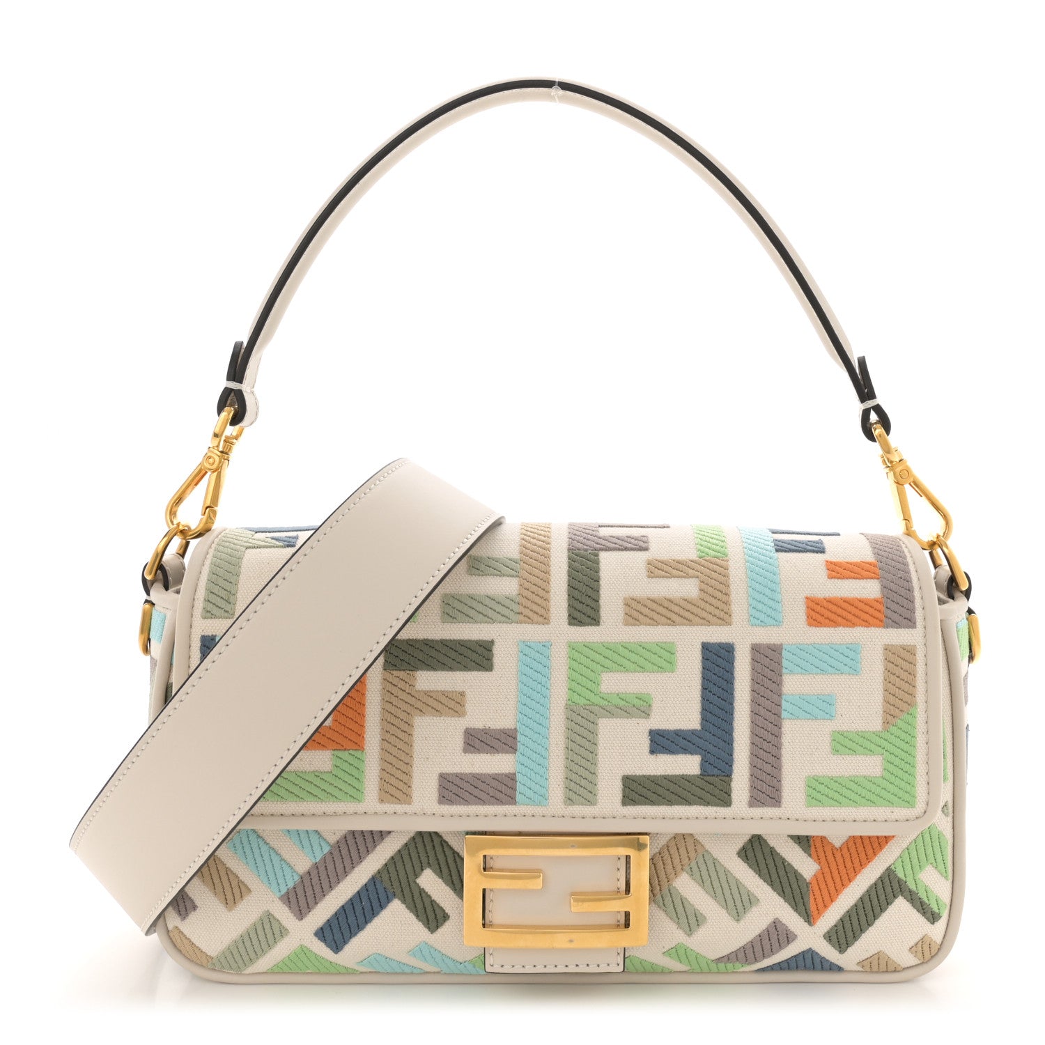 Fendi Canvas Vitello Seta FF Multicolor Embroidered Baguette Grezzo Multicolor Latte 1 of 13