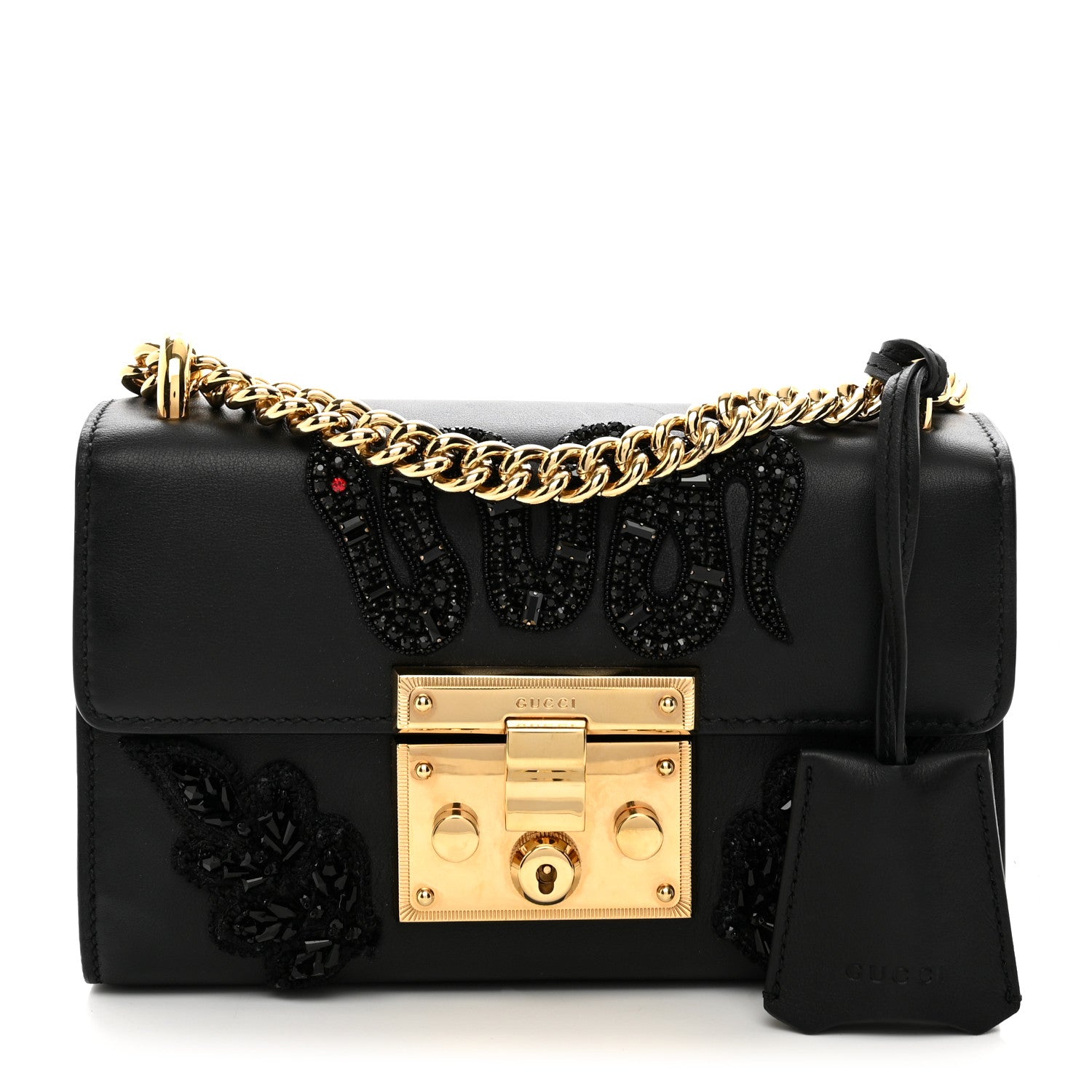 Gucci Calfskin Crystal Snake Embroidered Small Padlock Shoulder Bag Black 1 of 10