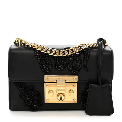 Gucci Calfskin Crystal Snake Embroidered Small Padlock Shoulder Bag Black 1 of 10