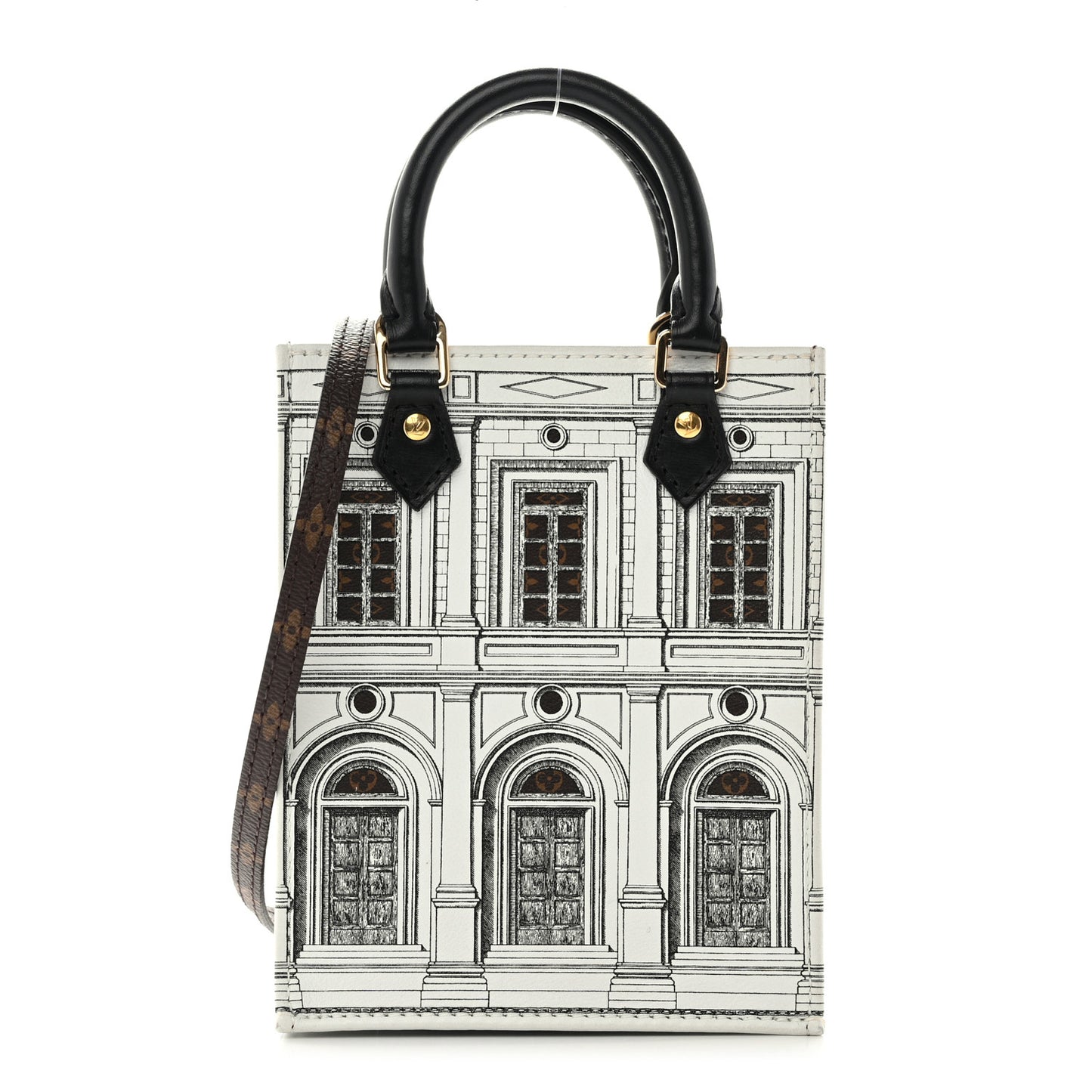 X FORNASETTI Calfskin Architettura Petit Sac Plat Black White