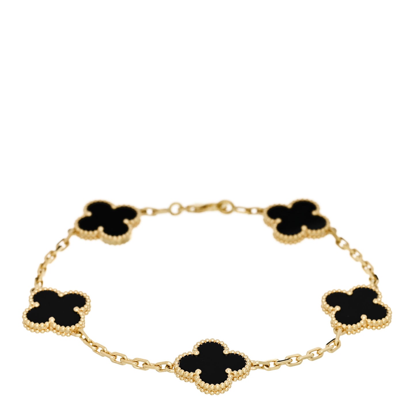 18K Yellow Gold Black Onyx 5 Motifs Vintage Alhambra Bracelet