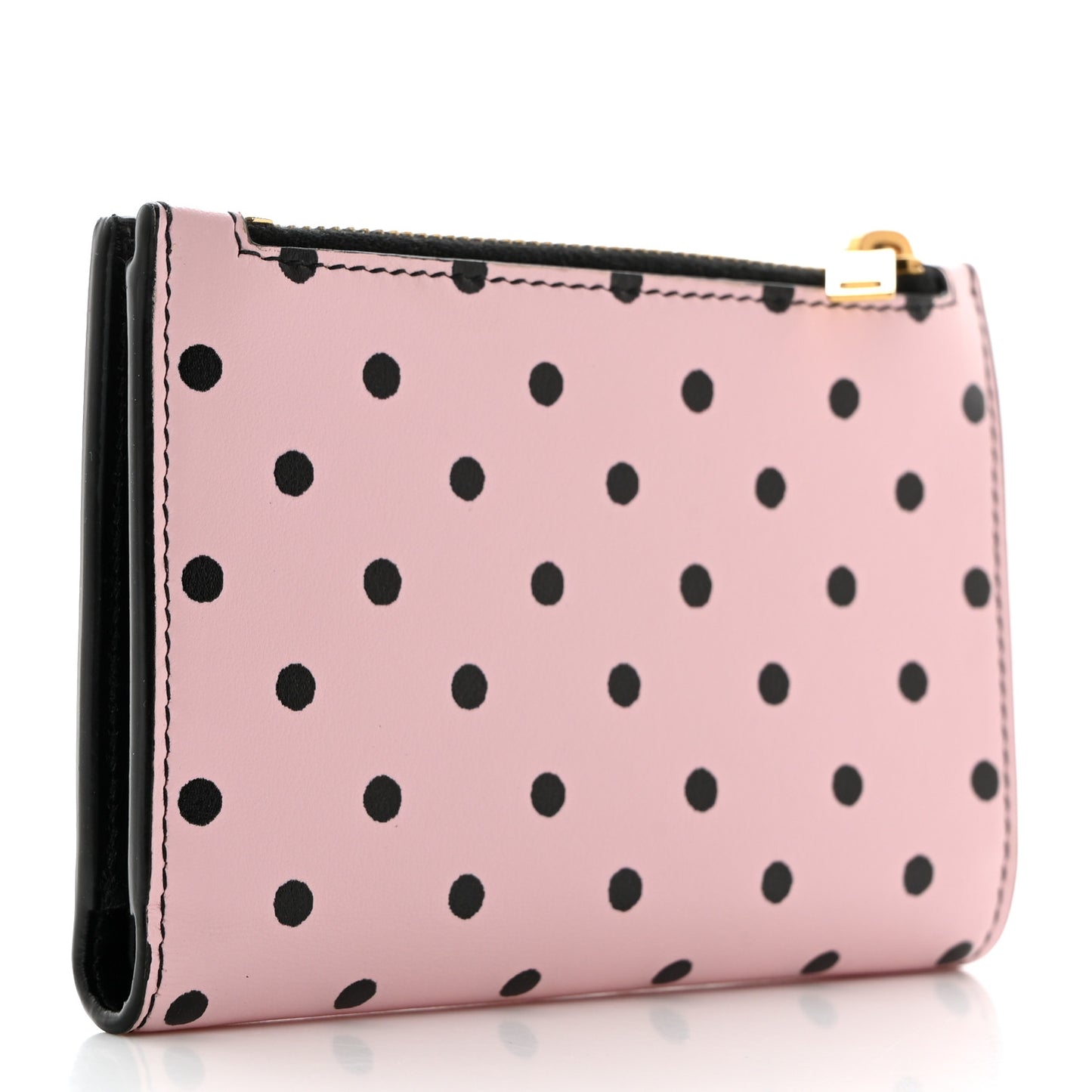 Calfskin Polka Dot Monogram Bi Fold Zipped Wallet Pink Black