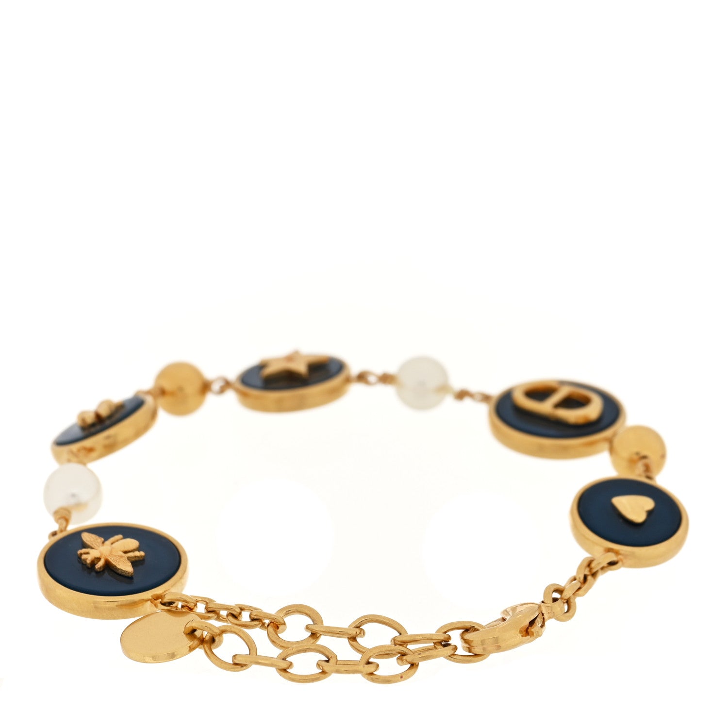 Christian Dior Metal Resin Pearl D-Luck Bracelet Gold Navy 1759361