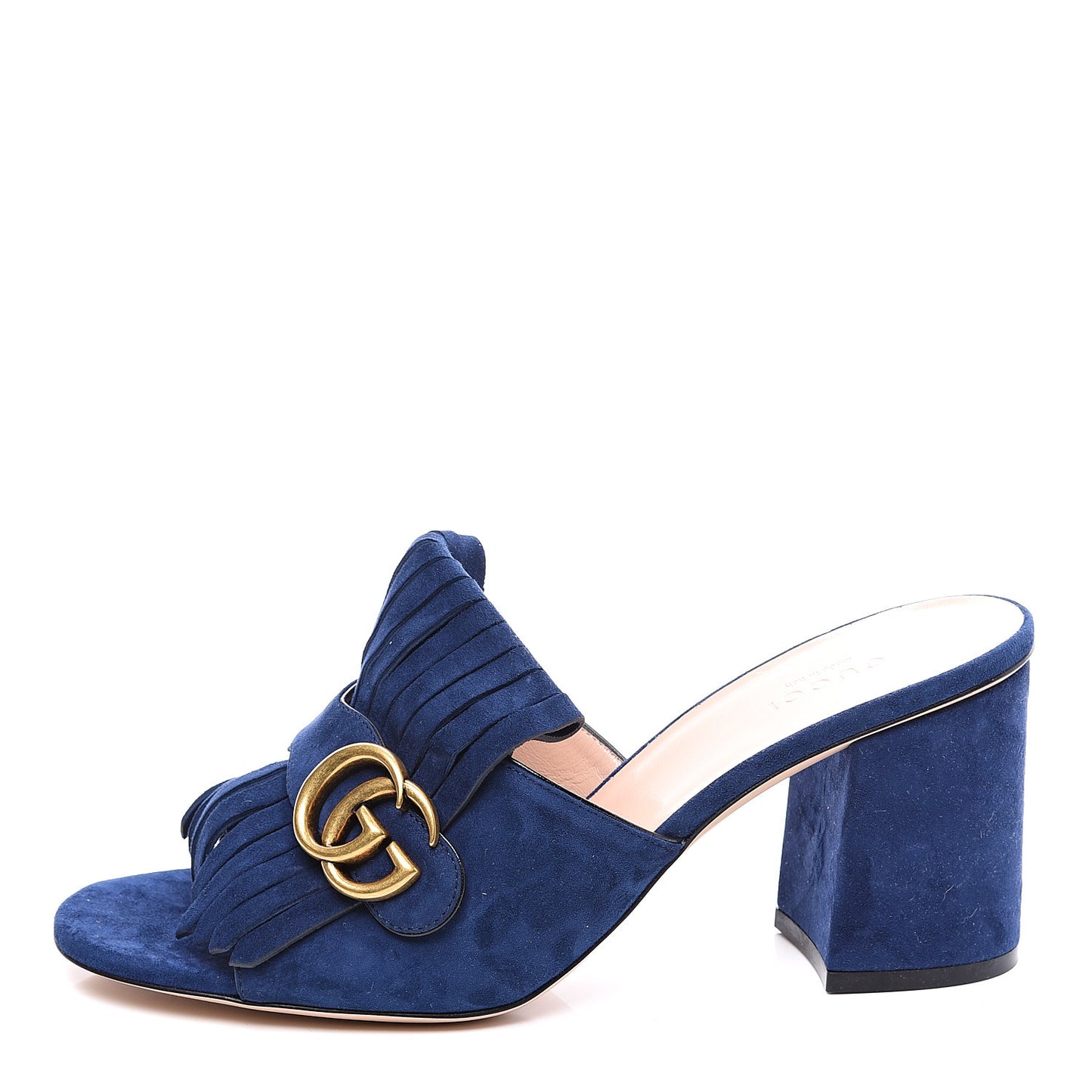 Kid Scamosciato GG Marmont Fringe 75mm Slide Sandals 39.5 Blue Ink