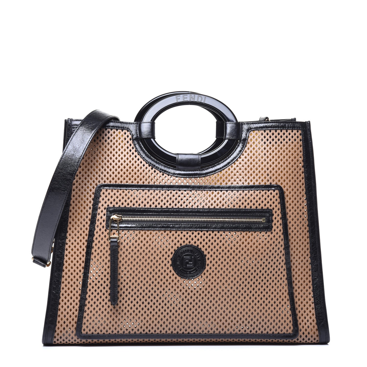 Fendi Vitello Liberty Glossy Lambskin Perforated Medium Runaway Shopper Tote Sand Mimosa Black 1 of 8