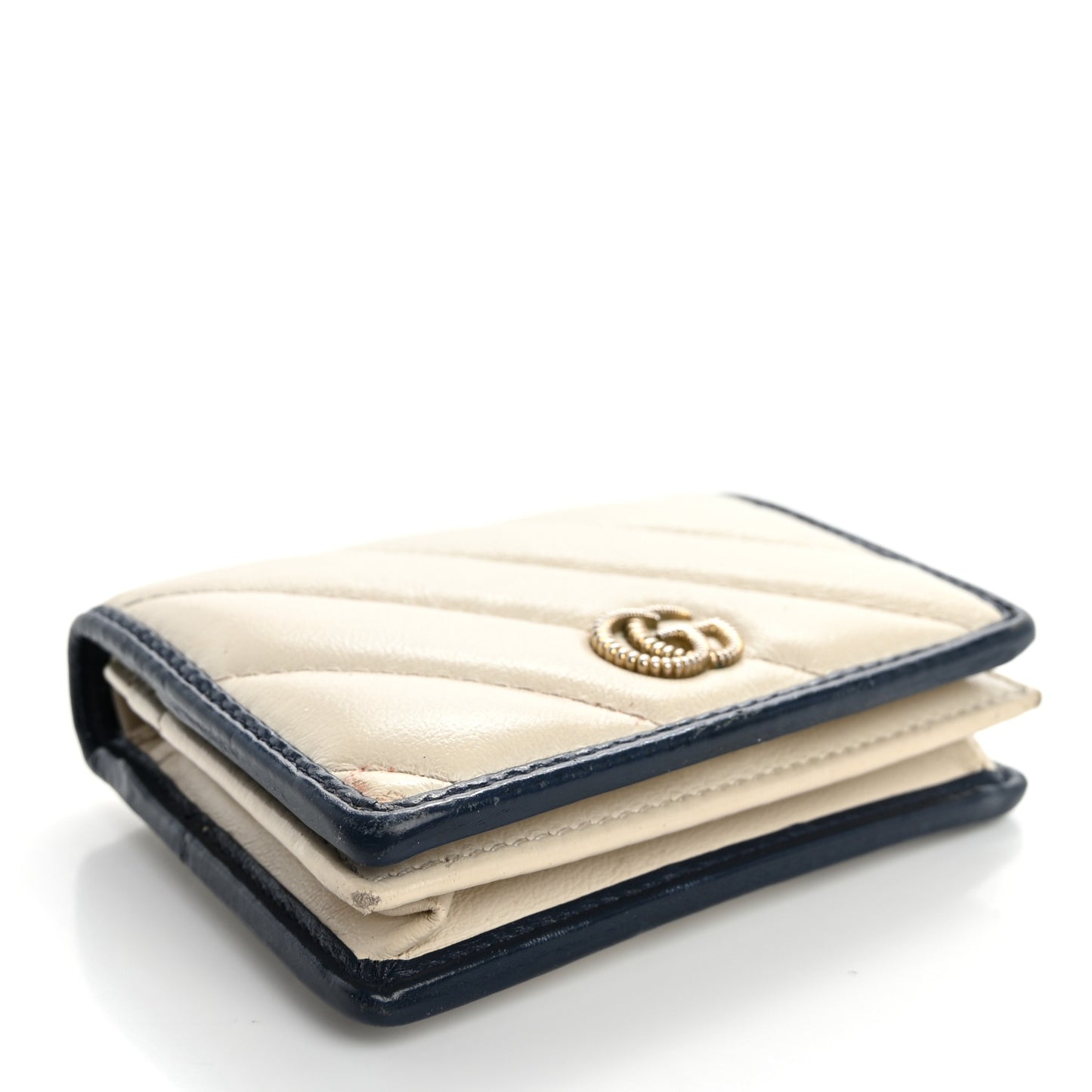 Vintage Effect Calfskin Matelasse Diagonal Torchon GG Marmont Card Case Wallet Mystic White Blue Agata