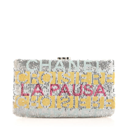 Chanel Sequin Satin Embroidered La Pausa Evening Clutch Silver Yellow Pink 1 of 7