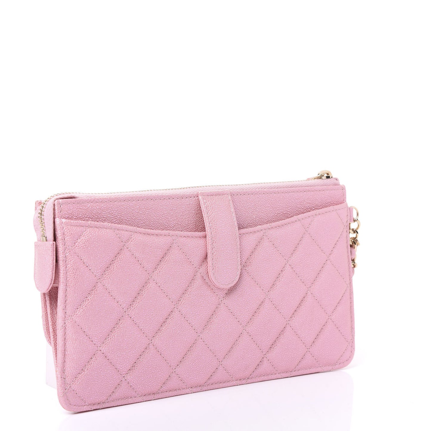 Iridescent Caviar Quilted Classic Pouch With Handle Rose Pink