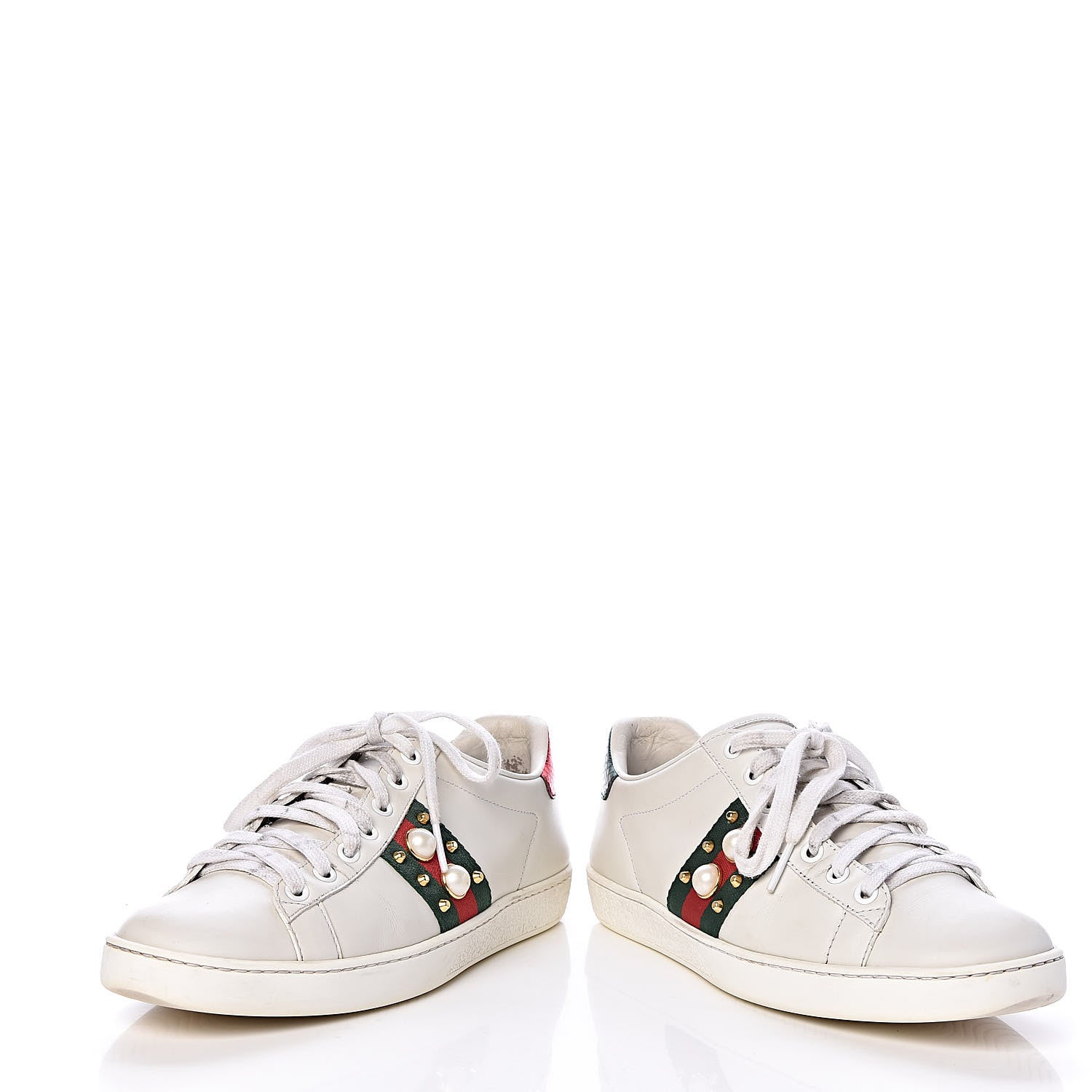 Gucci Calfskin Web Pearl Studded Womens Ace Sneakers 37.5 White 6 of 17