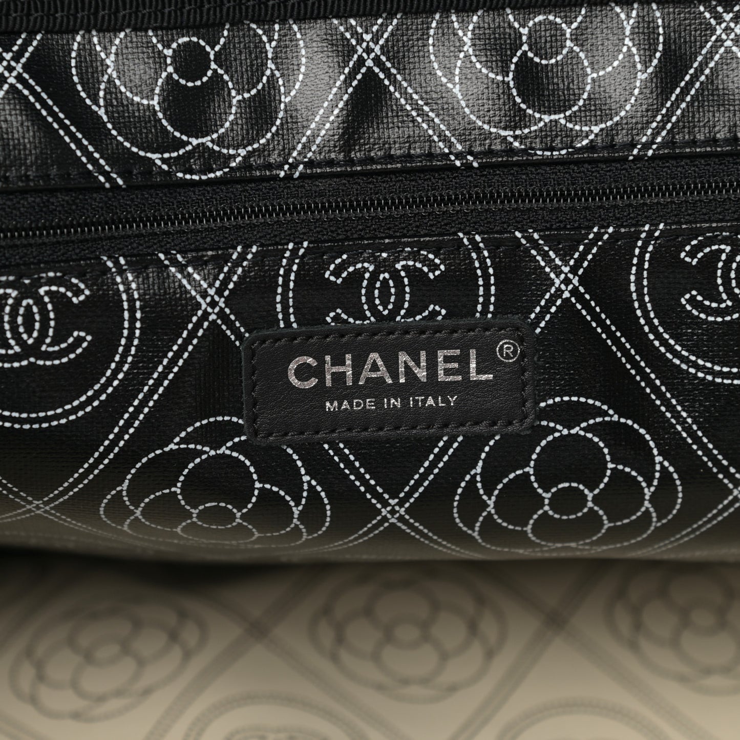Coated Canvas Camellia Medium Shopping Tote Black Beige