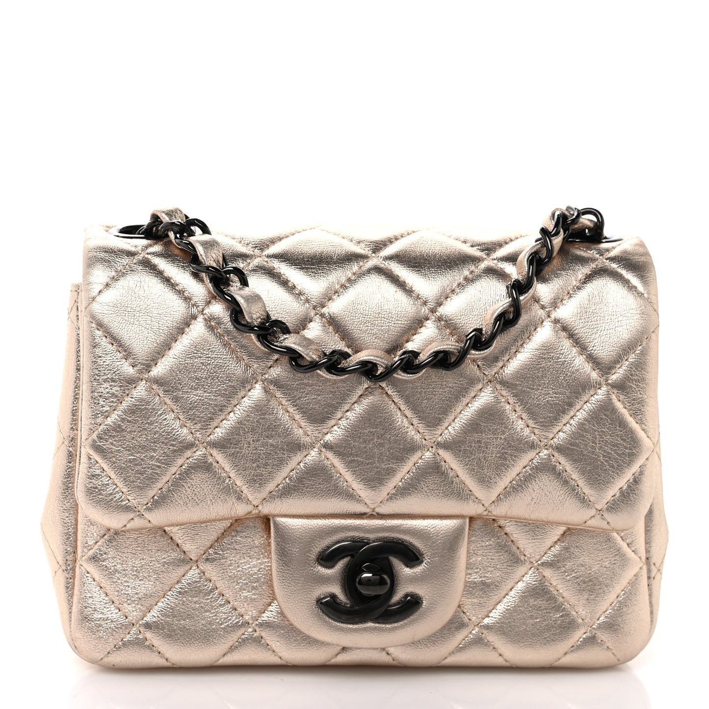 Metallic Lambskin Quilted Mini Square Flap Gold Black