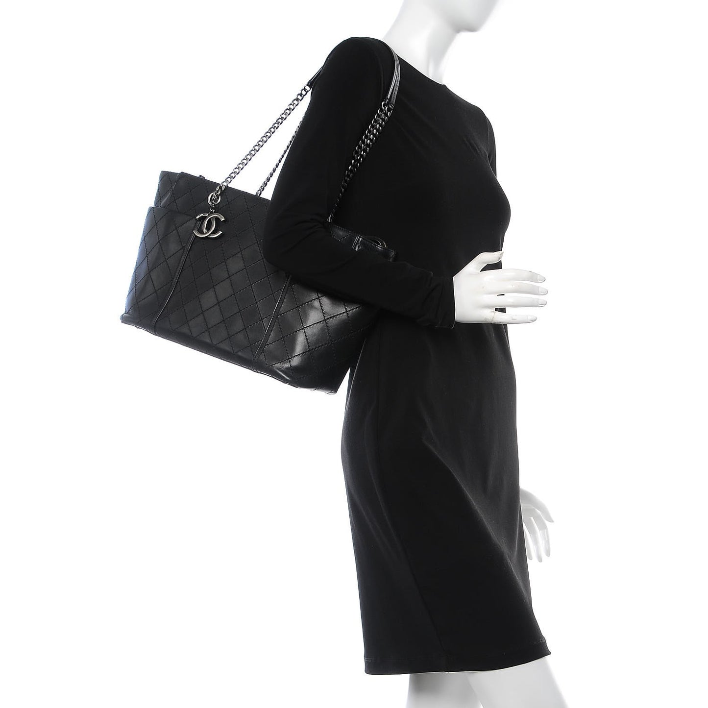 Lambskin Stitched Shopping Tote Black