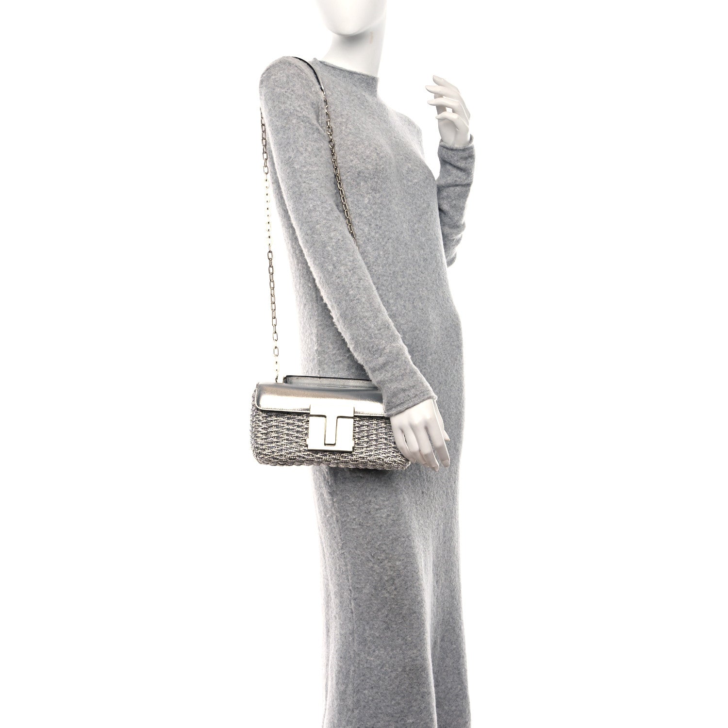 Tom Ford Calfskin Woven Satin Medium 001 Chain Shoulder Bag Silver 2 of 9