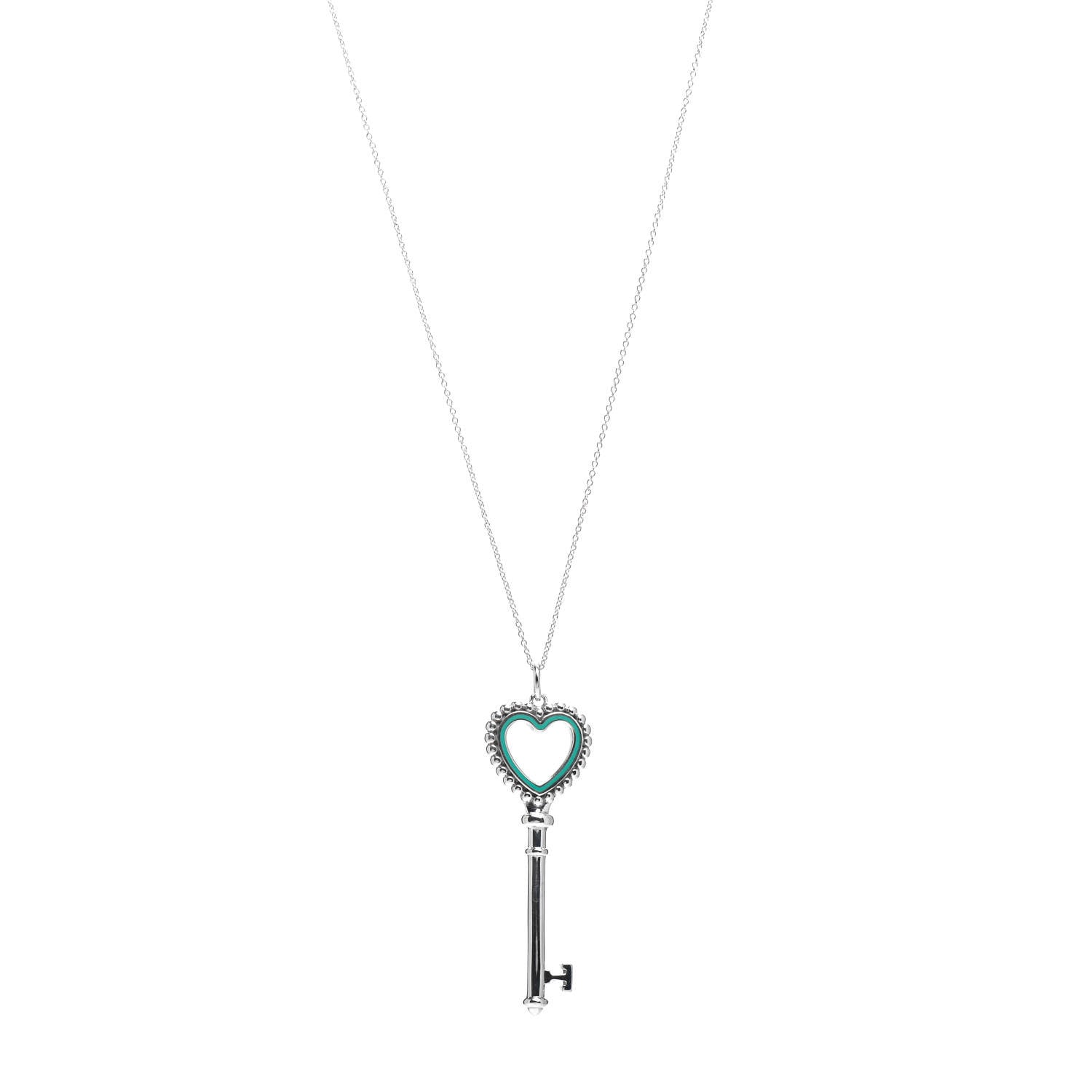 Tiffany Sterling Silver Enamel Beaded Heart Key Pendant Necklace Blue 1 of 4