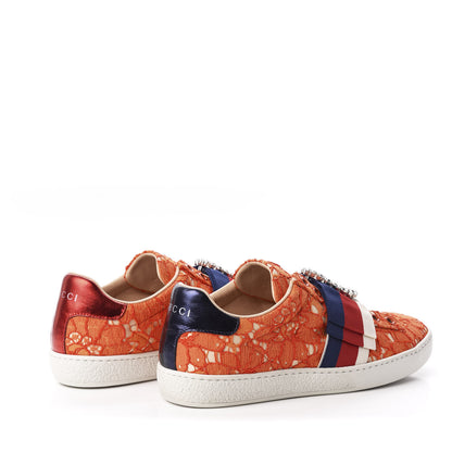 Gucci Lace Crystal Sylvie Web Flower Leaf Womens Ace Sneakers 35.5 Hot Orange Tan Beige 4 of 11