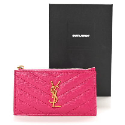Saint Laurent Grain De Poudre Matelasse Chevron Monogram Fragments Zippered Card Case Fresh Fuxia 9 of 9