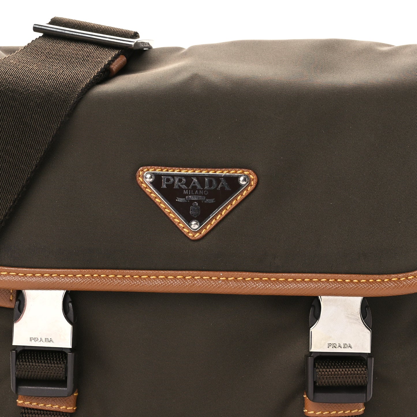 Re-Nylon Saffiano Pocket Double Snap Buckle Shoulder Bag Bruciato Caramel