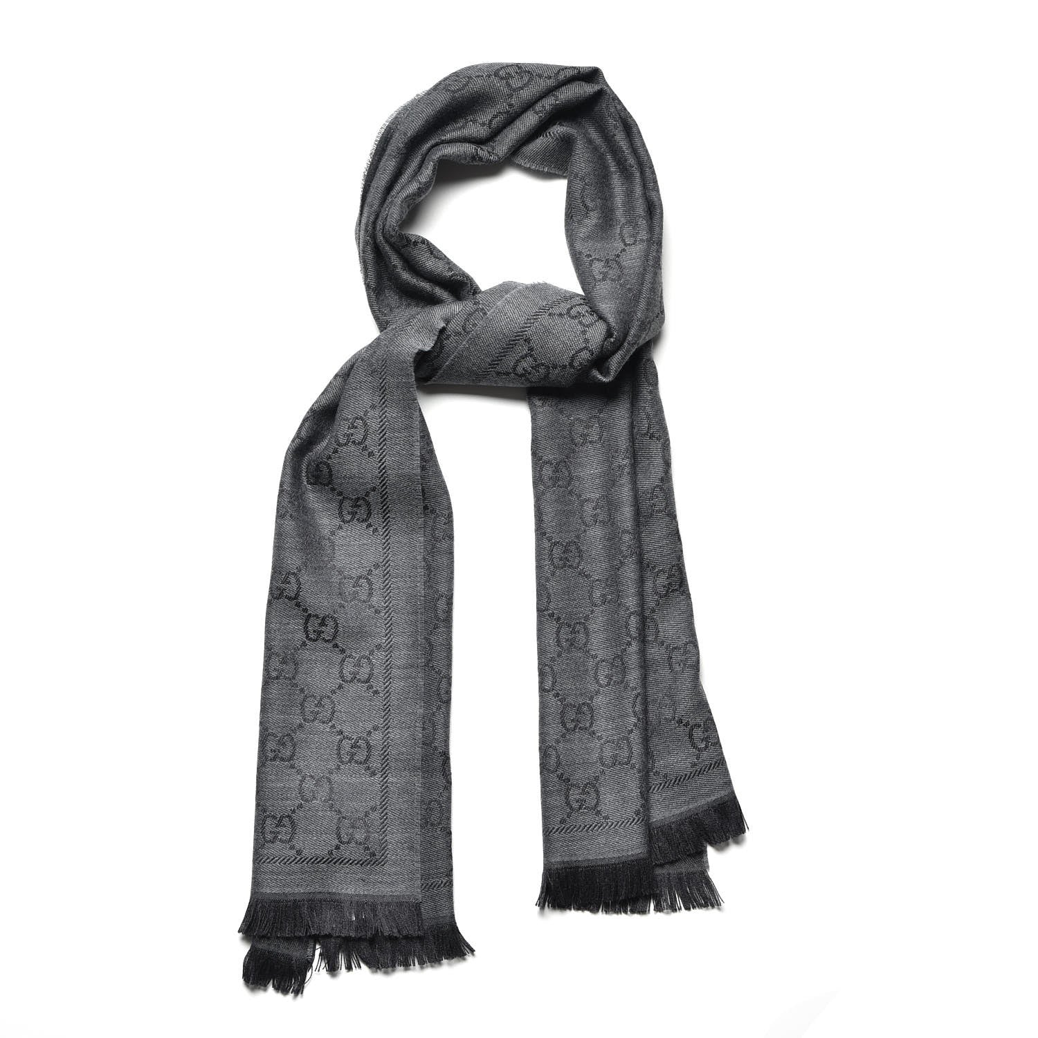 Gucci Wool Jacquard GG Monogram Sten Fringe Scarf Anthracite Black 1 of 4