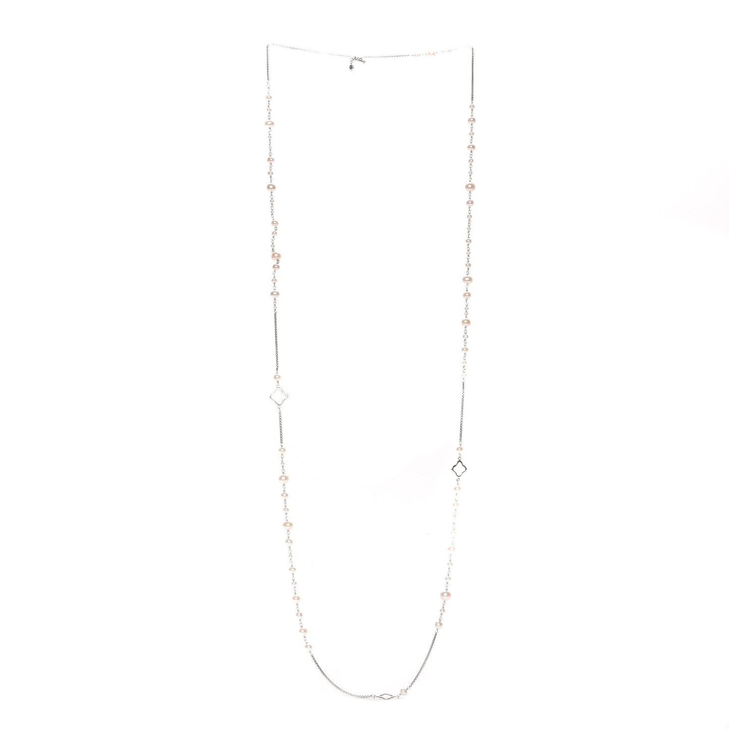 Sterling Silver Pearl 7.5mm Quatrefoil Long Chain Necklace