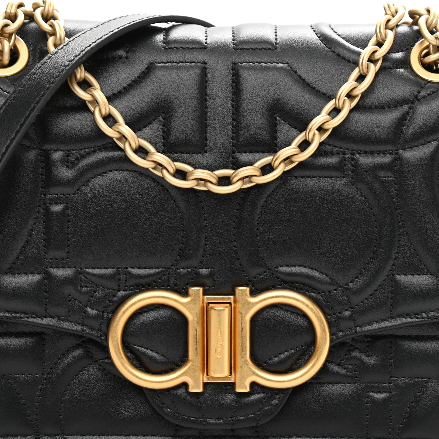 Calfskin Quilted Gancini Flap Bag Black