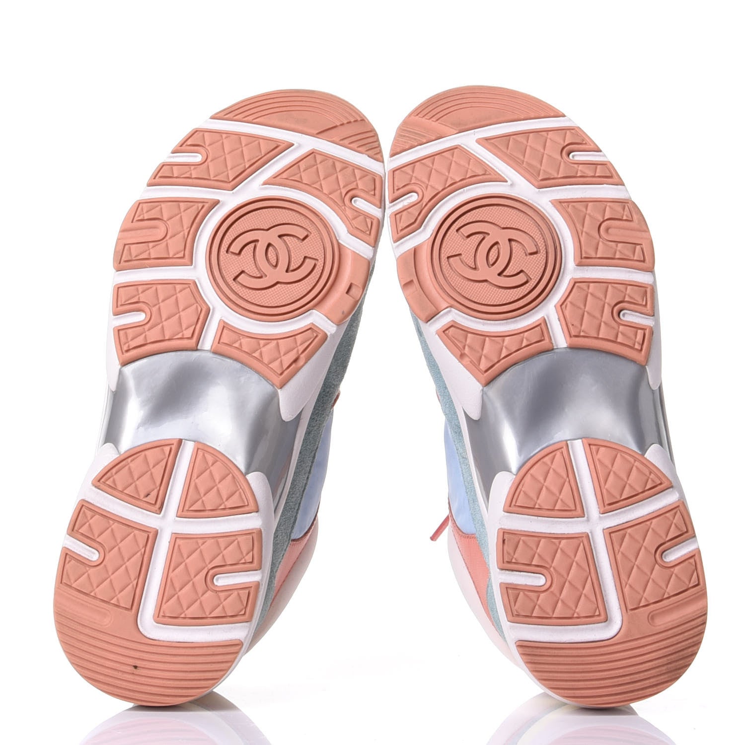 Chanel Nylon Lambskin Suede Calfskin CC Sneakers 36 Coral Light Blue White 7 of 10