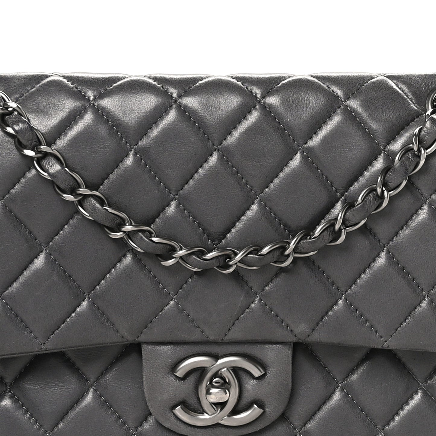 Lambskin Quilted Medium Double Flap Dark Grey