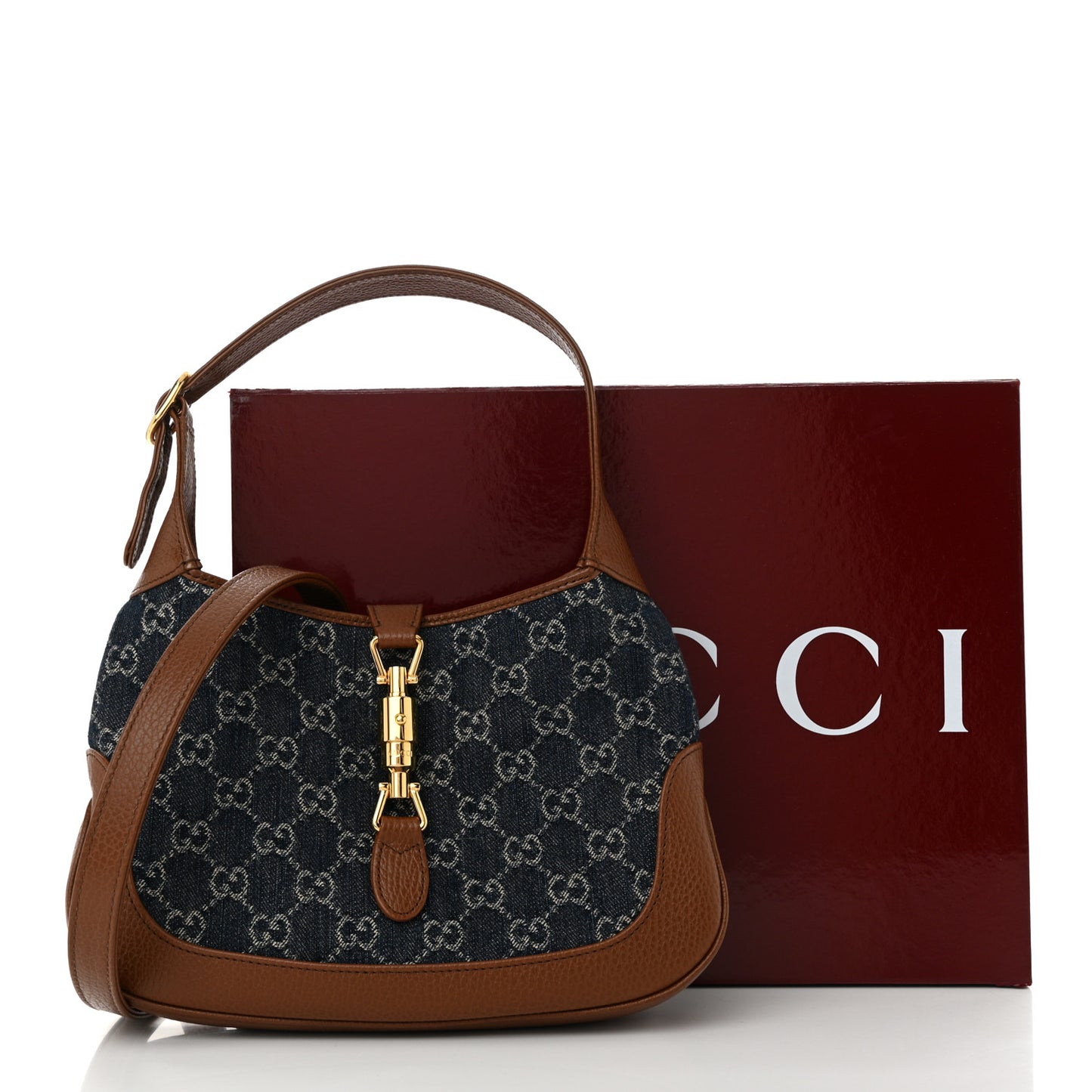 New Denim GG Monogram Calfskin Small Jackie 1961 Hobo Blue Tea Cuir