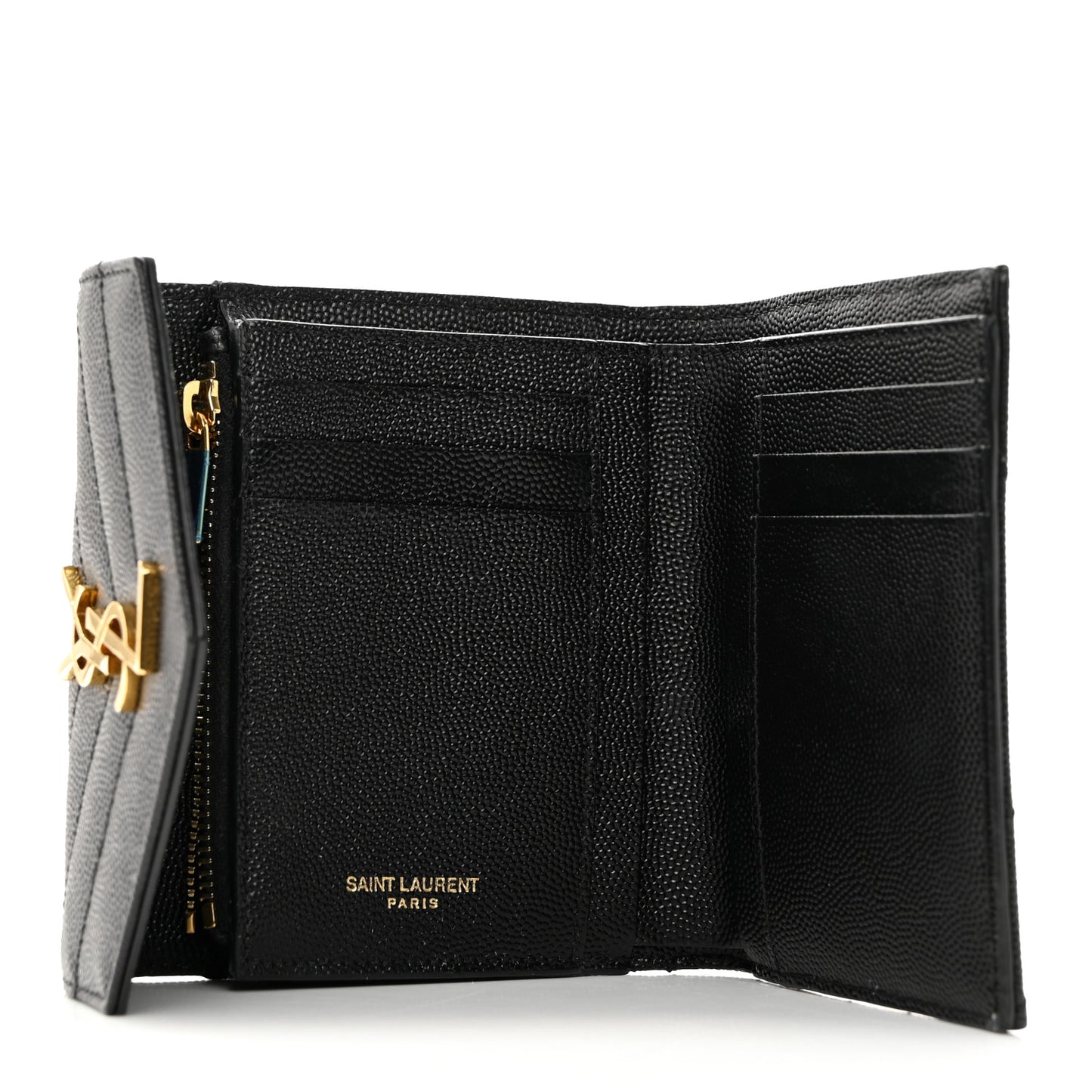 SAINT LAURENT Grain De Poudre Matelasse Chevron Monogram Compact Tri Fold Wallet Black
