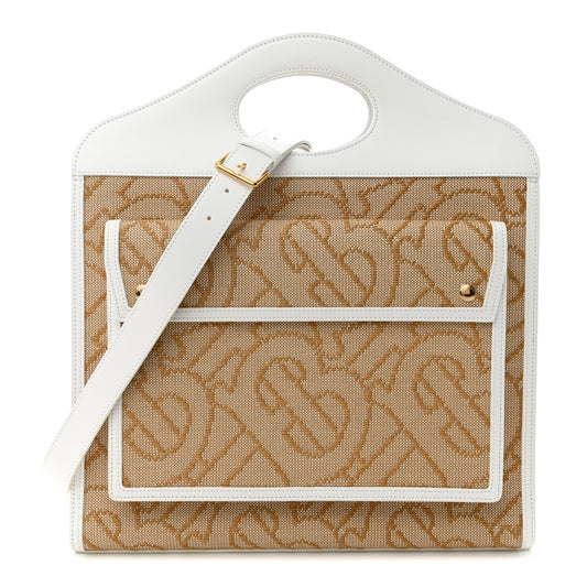 Monogram Canvas Smooth Calfskin Medium Pocket Bag White Beige