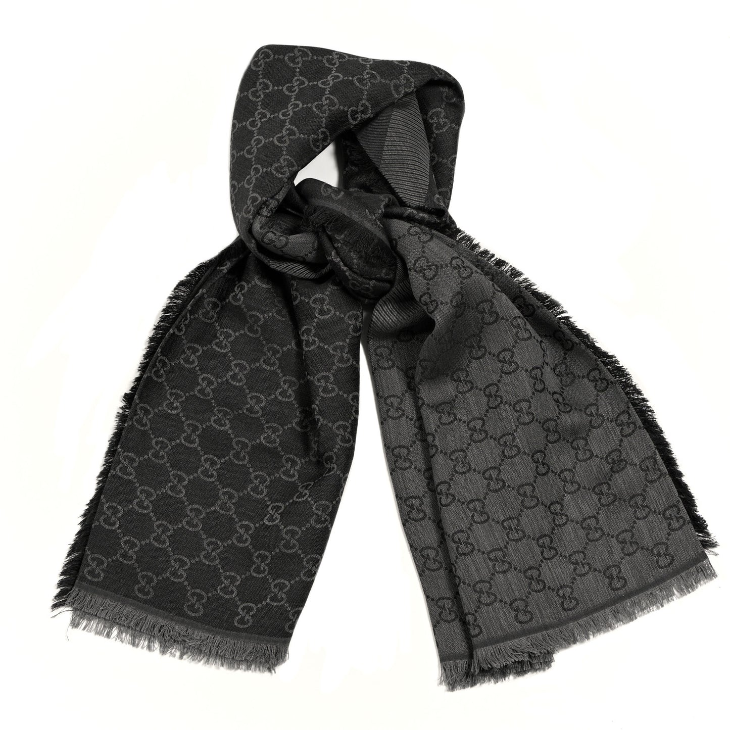 Wool Silk Monogram GGWeb Fringe Shawl Black Medium Grey