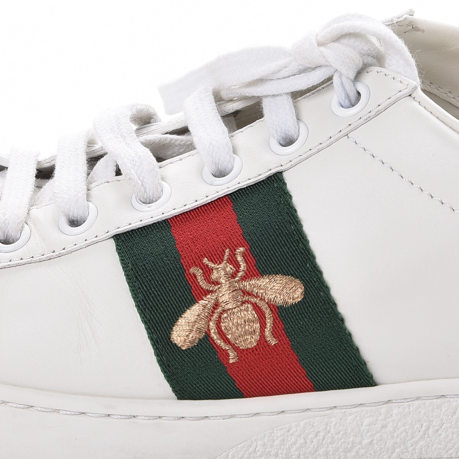 Gucci Calfskin Ayers Bee Embroidered Womens Ace Sneakers 37.5 White Green 10 of 13