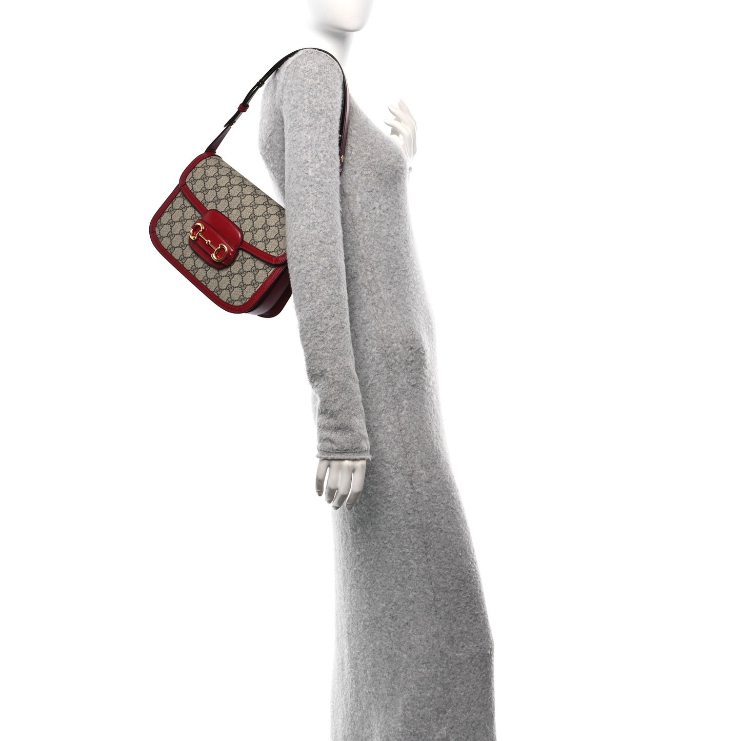 GG Supreme Monogram Azalea Calfskin Horsebit 1955 Shoulder Bag Beige Ebony New Cherry Red