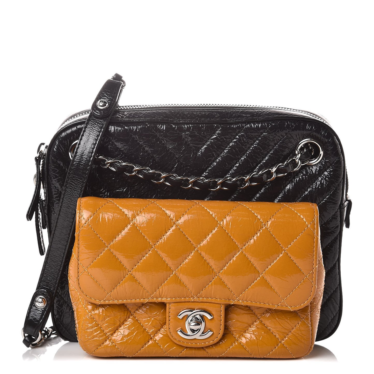 Distressed Patent Chevron Quilted Double Camera Bag With Flap Black Yellow