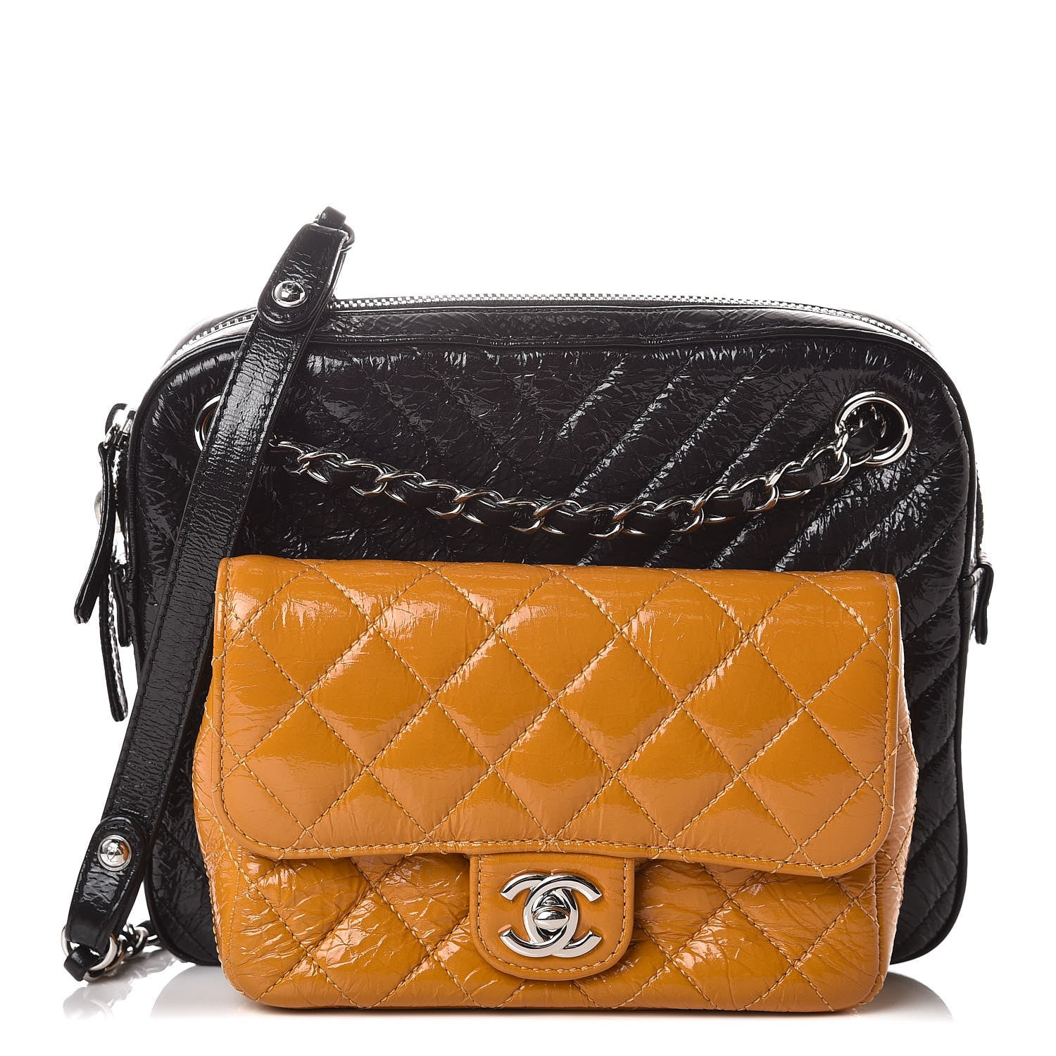 Chanel Distressed Patent Chevron Quilted Double Camera Bag With Flap Black Yellow 1 of 10