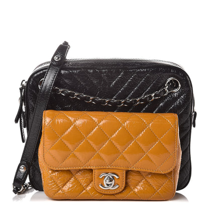 Chanel Distressed Patent Chevron Quilted Double Camera Bag With Flap Black Yellow 1 of 10